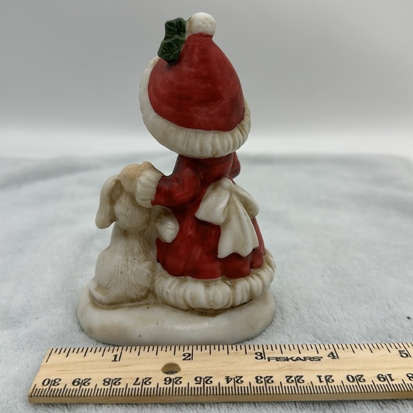 Porcelain Little Girl Dressed For Christmas with Present & White Puppy - Picture 3 of 6